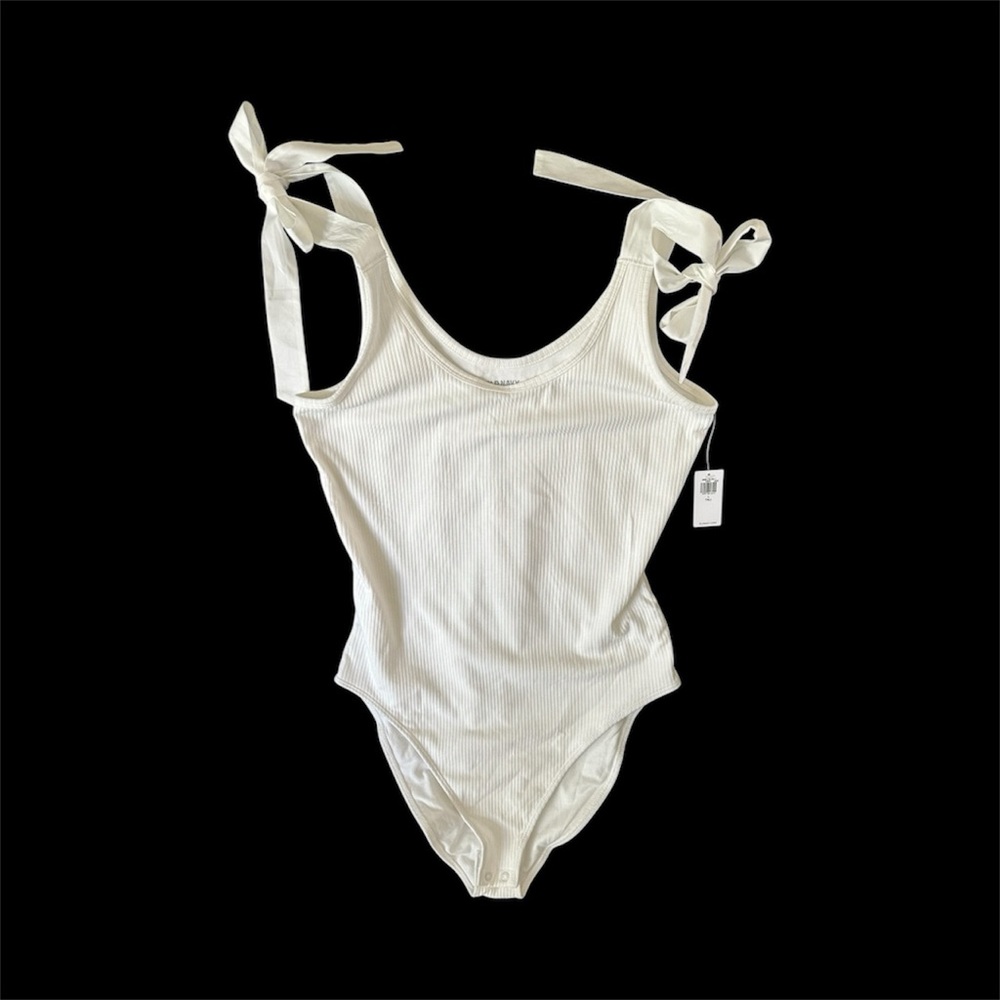 Old Navy White Ribbed womans Bodysuit with Bow Straps